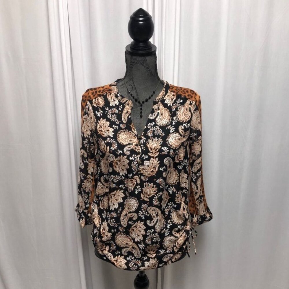 Roz & Ali Paisley Leopard Print Blouse Womens Size XS Brown Black Boho Top NEW